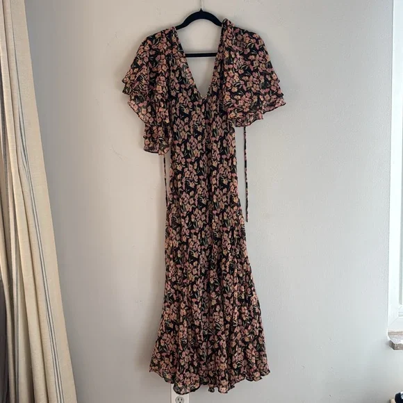 NEW Free People Elisandra Midi Dress Floral Black Pink Yellow Bell Sleeves Small - Picture 3 of 6
